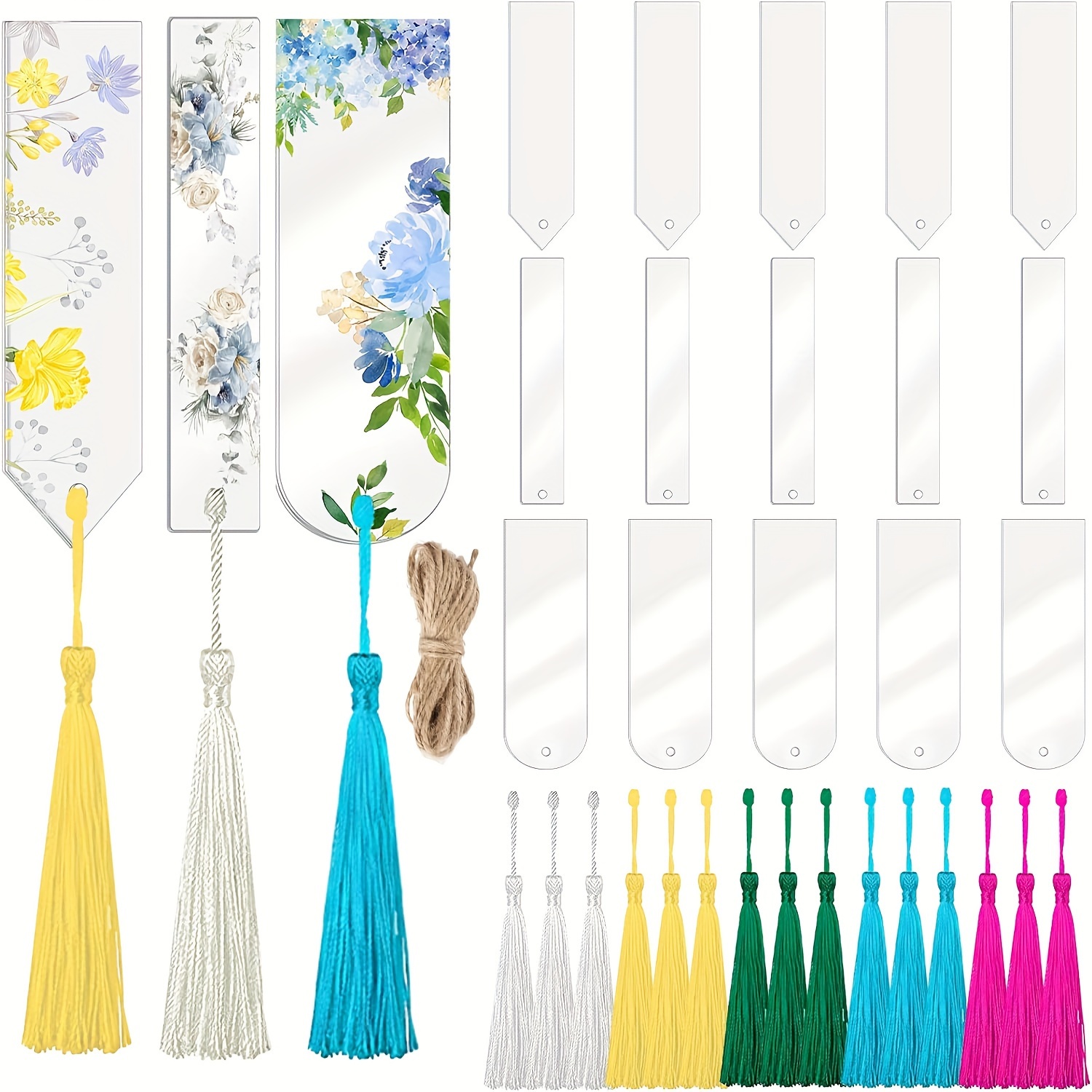 30 Pcs Blank Acrylic Bookmark Set Clear Acrylic Bookmark with 30 Pieces  Colourful Bookmark Tassel Blank Bookmark Ornaments with Holes and Ropes for  DIY Projects and Present Tag 