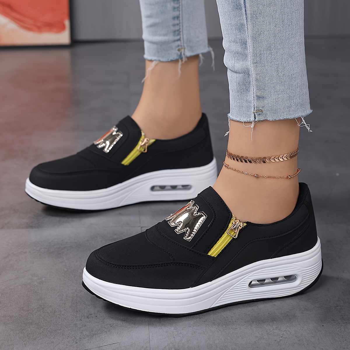 Women s Letter Pattern Side Zipper Outdoor Platform Wedge Sneakers Non slip Lightweight Casual Sneakers With Air Cushion Comfy Walking Shoes