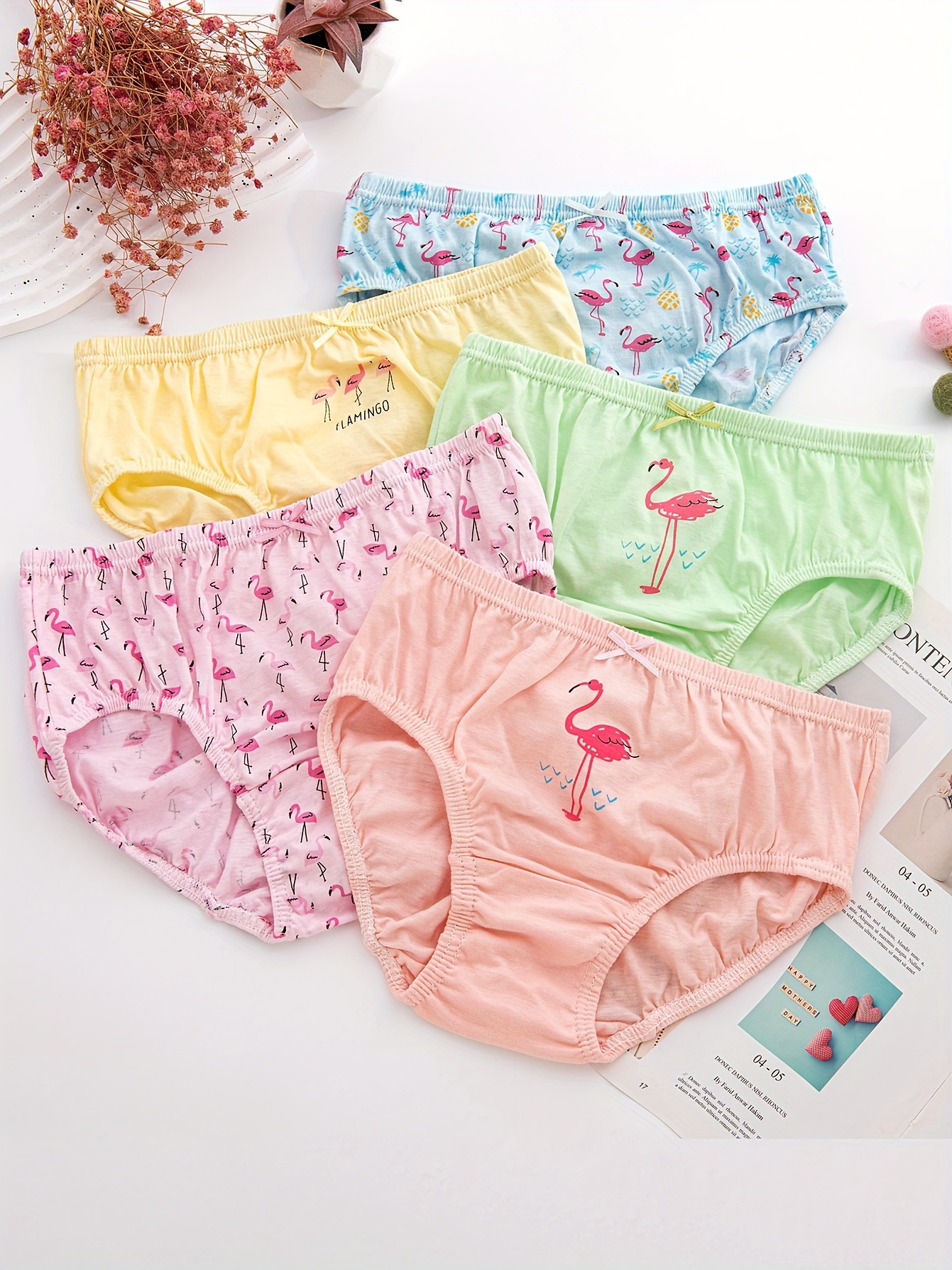 5pcs Girl's Flamingo Print Briefs, Breathable Cotton Panties, Toddler Kid's  Underwear