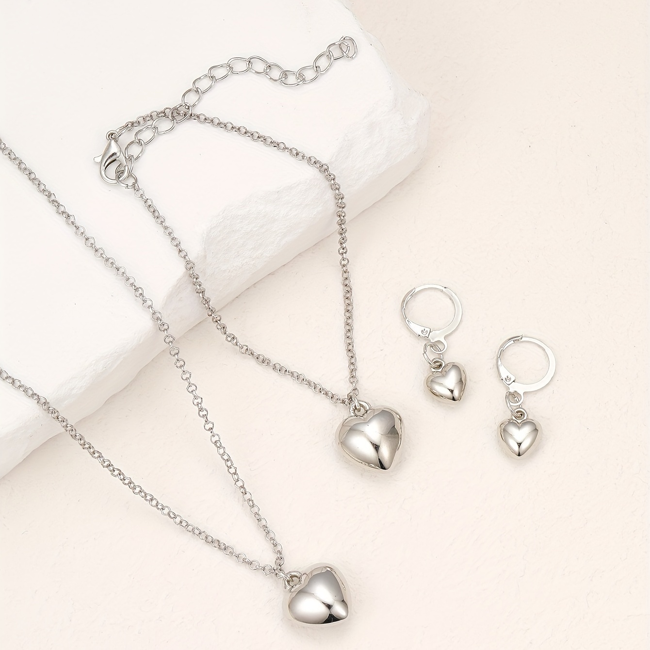 Simple Jewelry, Jewels Set Heart Shaped Zircon Charm Necklace & Stud Earrings Adjustable Chain for Teen Girls Women Birthday Gift,Temu