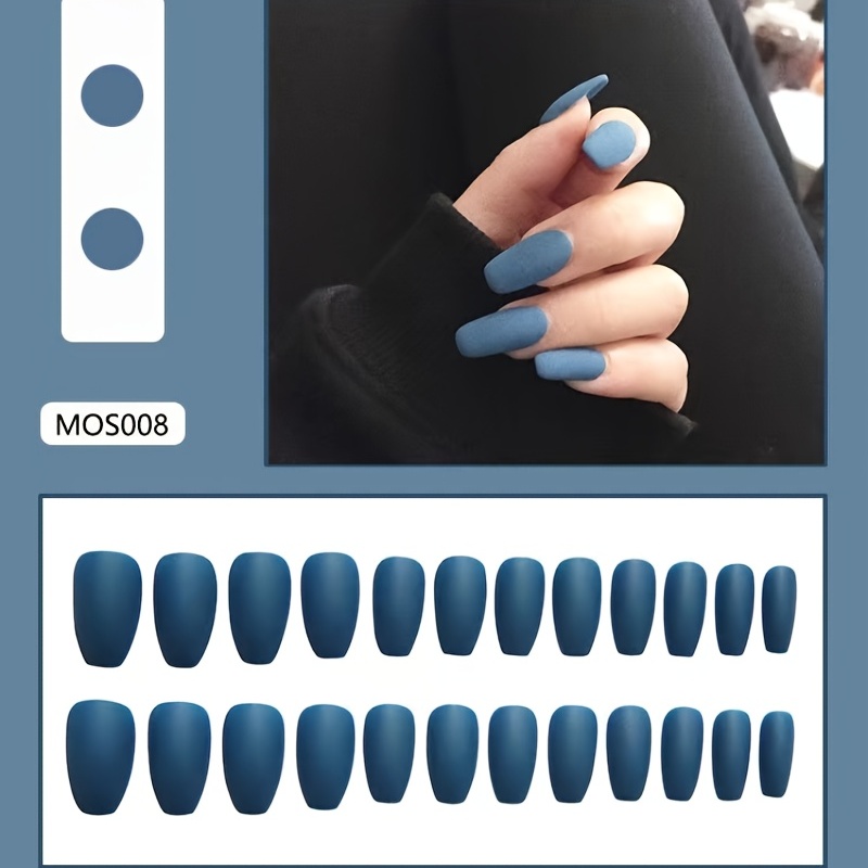 matte blue square press on nails reusable french false nails for women details 2