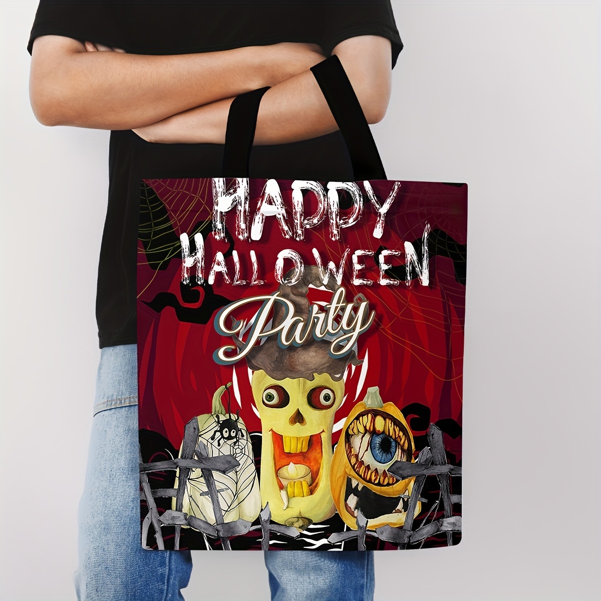 1pc Halloween Pattern Digital Print Canvas Bag, Halloween Trick Or Treat  Bags, Halloween Pumpkin Bag