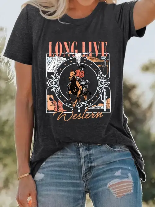 Vintage Print Crew Neck T-shirt, Western Loose Long Sleeve Summer T-Shirts  Tops, Women's Clothing