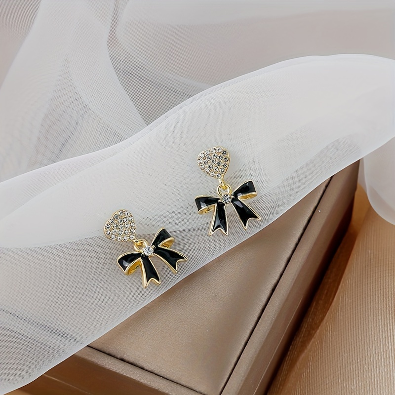 Heart & Bow Stud Earrings with Rhinestones Drop
