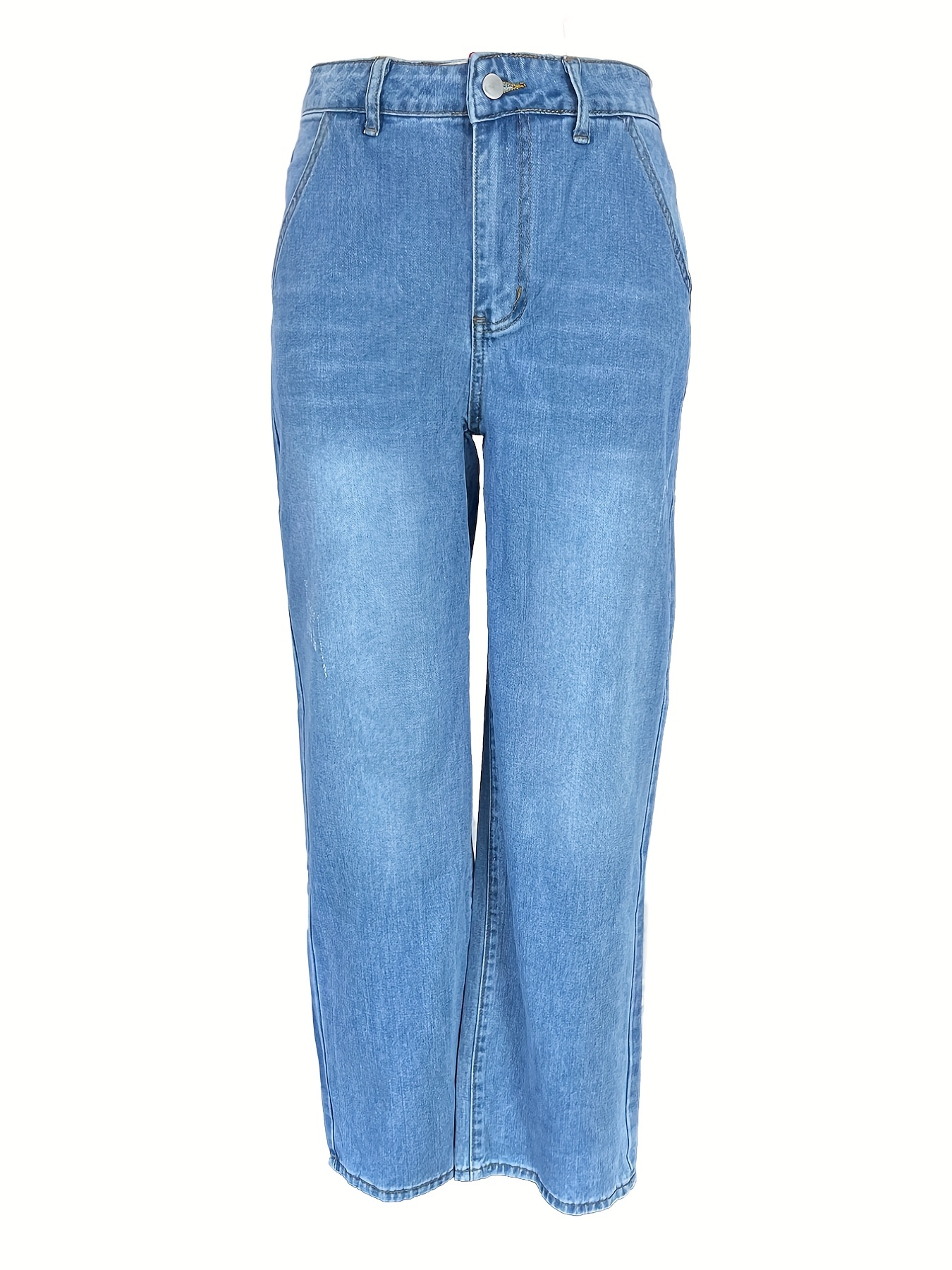 Solid Loose Fit Straight Jeans, Non-Stretch Slash Pockets Baggy Denim ...
