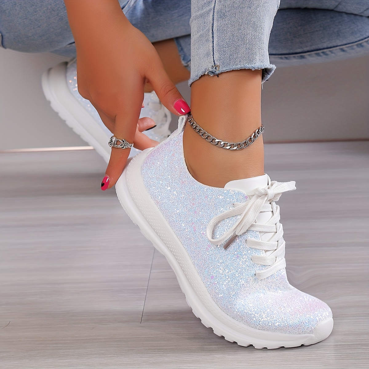 Women's Glitter Sequins Decor Sneakers Casual Lace Outdoor - Temu