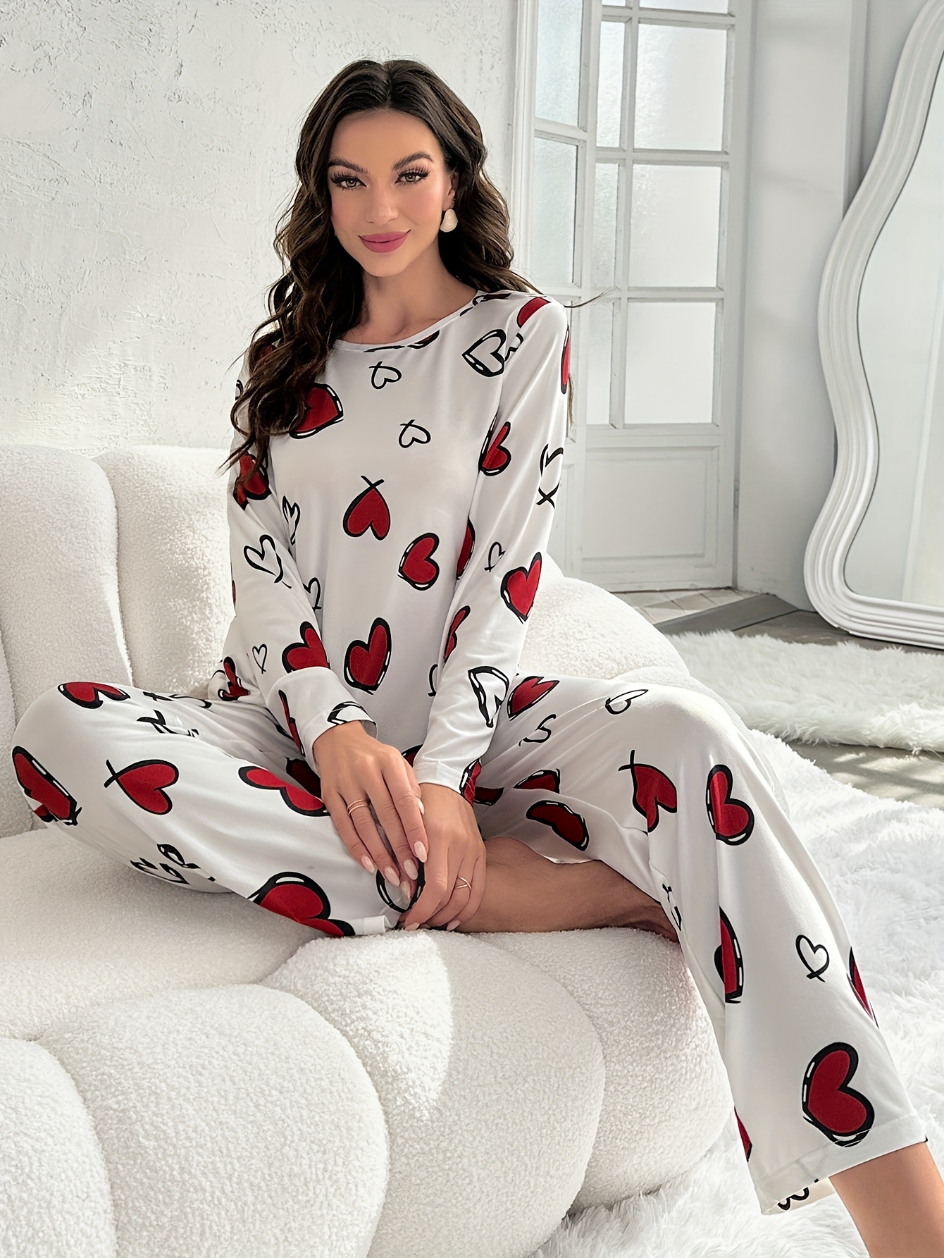 Casual Heart Print Fleece Pajama Set Long Sleeve Crew Neck - Temu