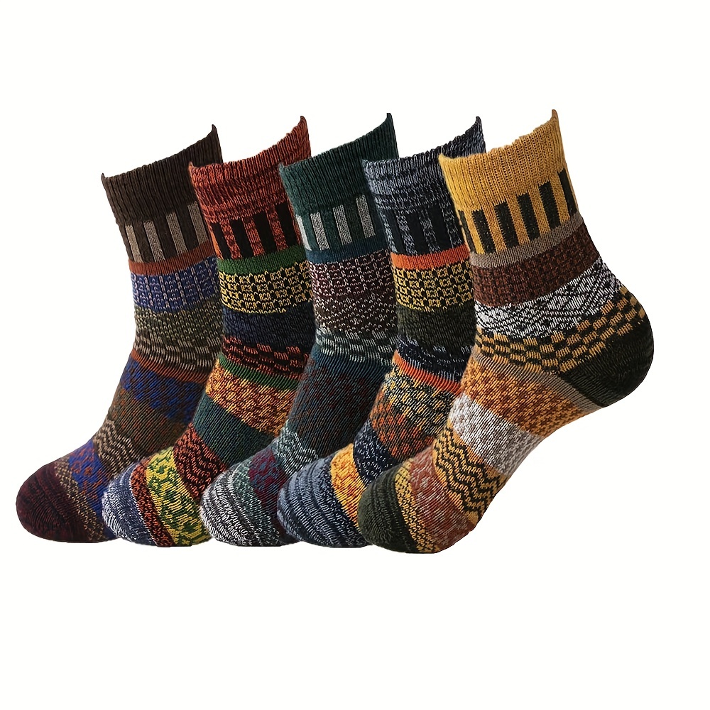 

5pairs Unisex Ethnic Style Vintage Thick Wool Warm Crew Socks, Couple Style Fashion Socks For Youth Teen, Comfortable Socks For Men Women (mixed Color)