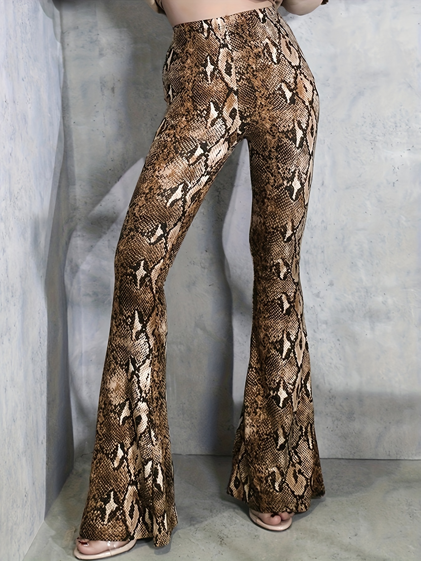 Snakeskin Print Flare Leg Pants Casual High Waist Long - Temu Canada