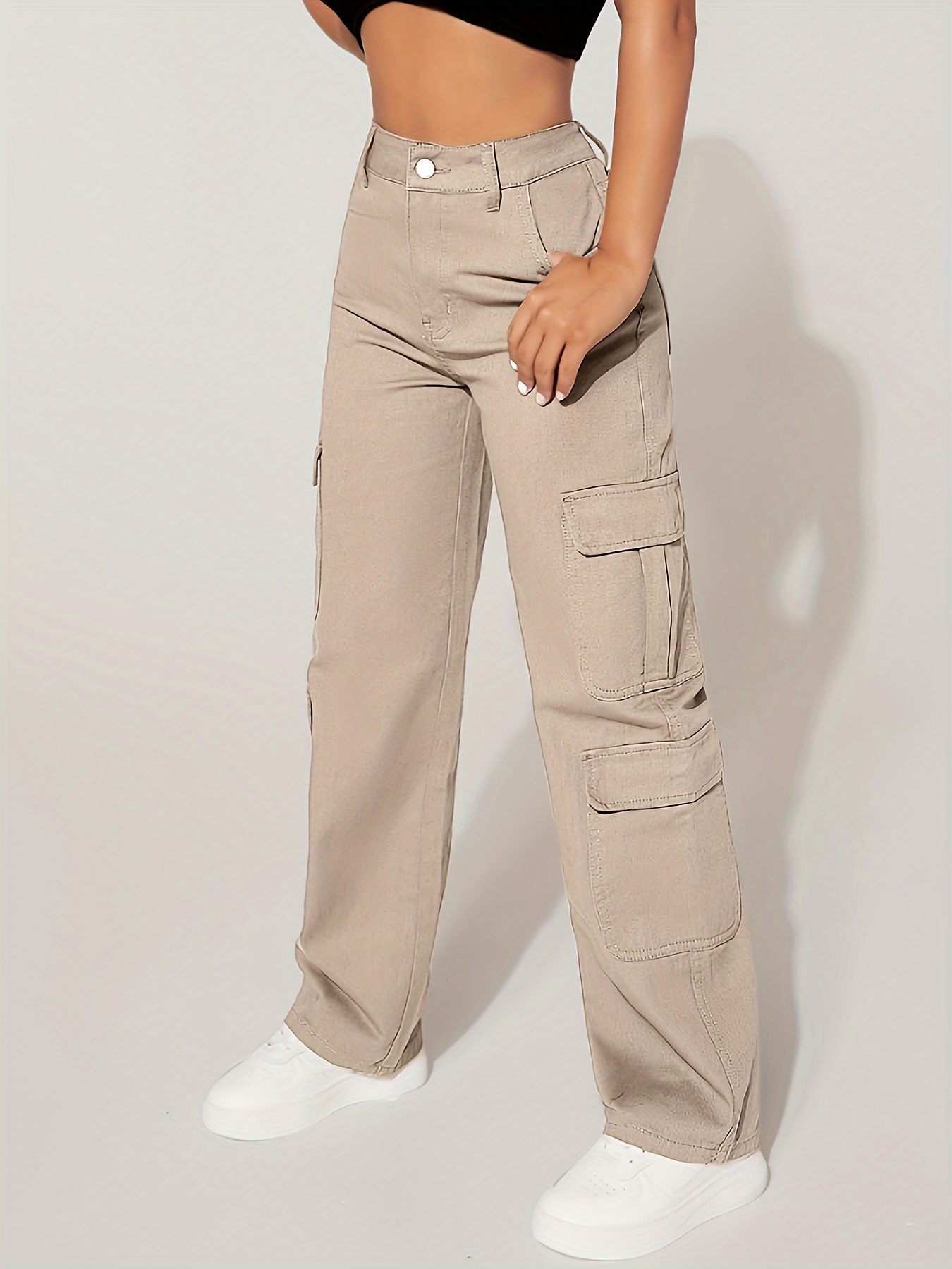 Flap Pockets Casual Straight Jeans, Loose Fit Y2K Style Cargo Pants,  Women's Denim Jeans & Clothing