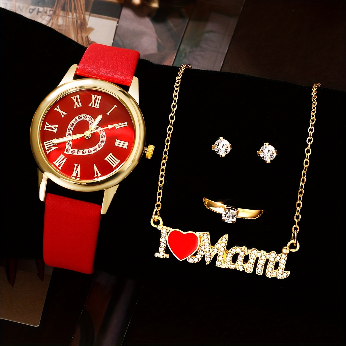 

5pcs/set Women's Elegant Heart Quartz Watch Analog Pu Leather Wrist Watch & Jewelry Set, Mother's Day Gift For Mom Mama