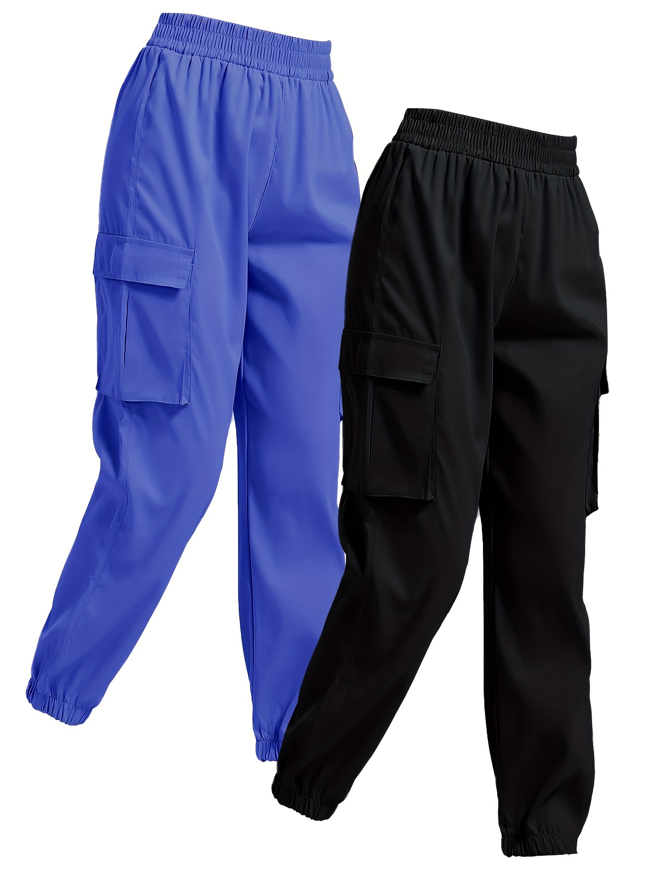 Solid Flap Pocket Loose Cargo Pants, Casual Elastic Waist Versatile Pants,  Women's Clothing