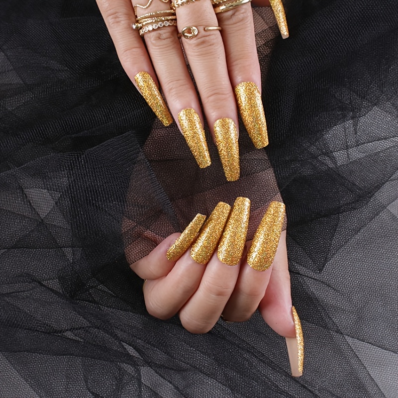 Golden Glitter Coffin Press On Nails With Rhinestones And - Temu