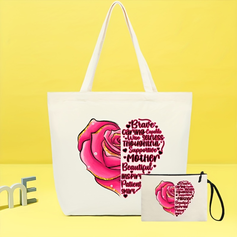 2Pcs Canvas Tote Bag for Women Aesthetic Tote Bag Reusable Flower Tote Bag  with Handles for Shopping School Supplies