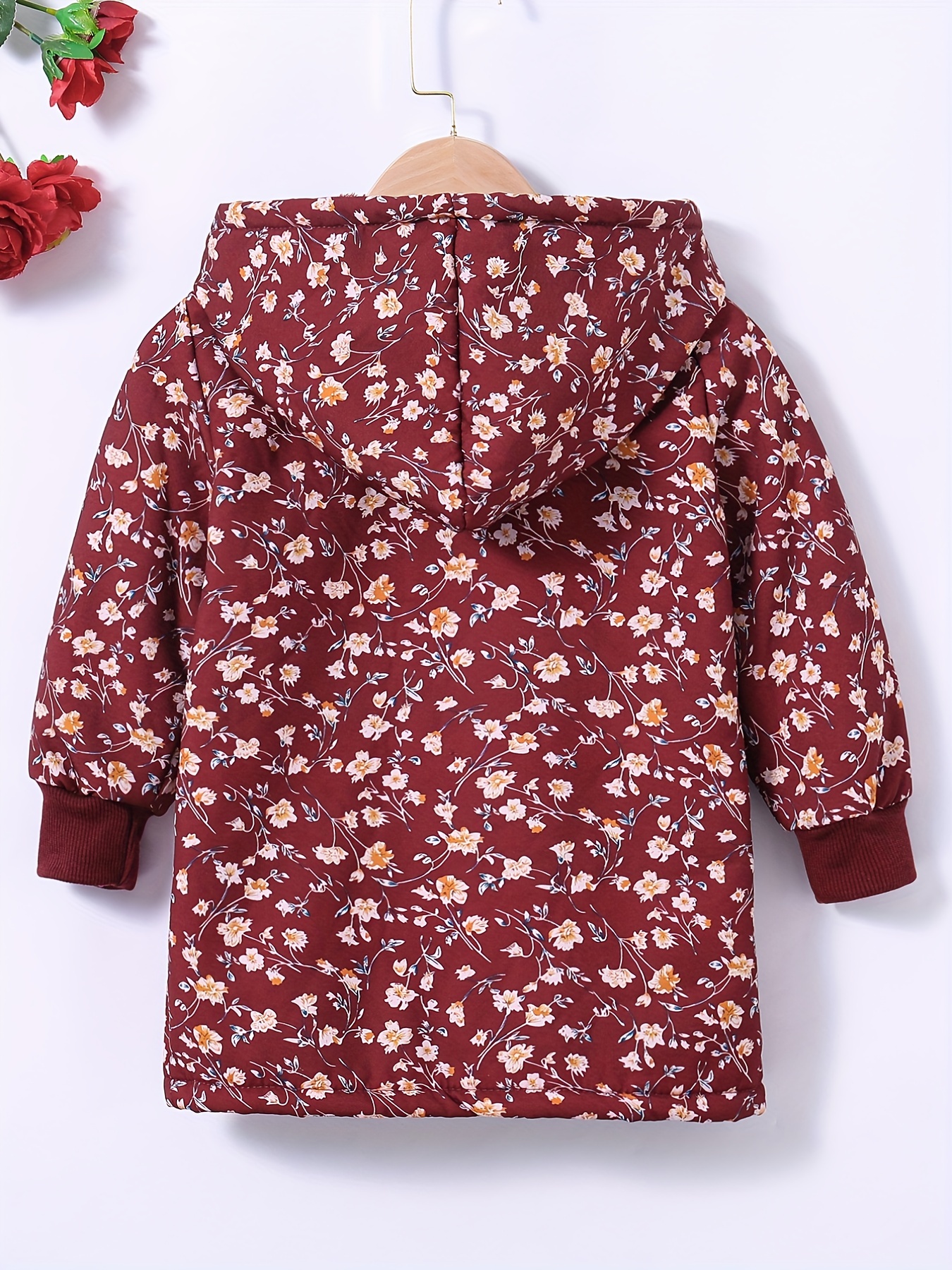 girls warm coat plush fleece lined button up hooded jacket overcoat with flowers print for going out burgundy 1