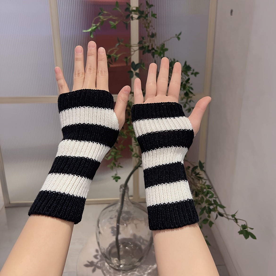 Long Striped fingerless mittens