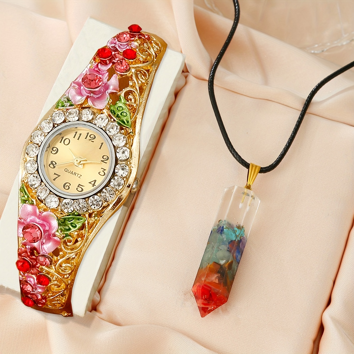 2pcs set womens watch vintage flower quartz bangle watch baroque rhinestone analog wrist watch necklace gift for mom her details 1