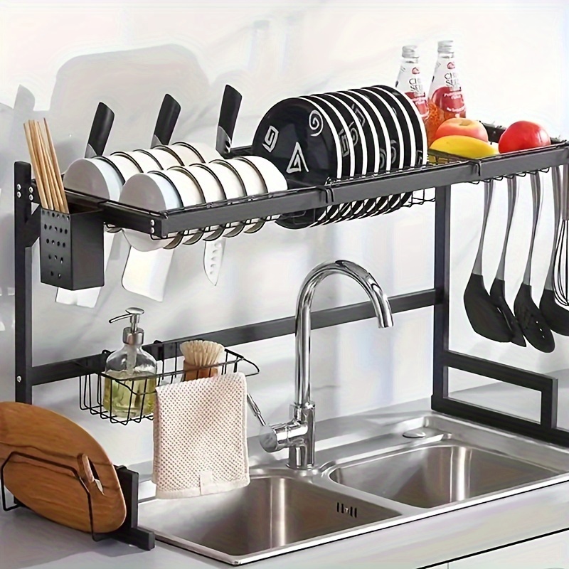 Over Sink Dish Drying Rack Display With Utensil Holder And Utensil Sponge  Holder, Large-capacity Dish Drying Rack, Space-saving, Kitchen Accessories  - Temu