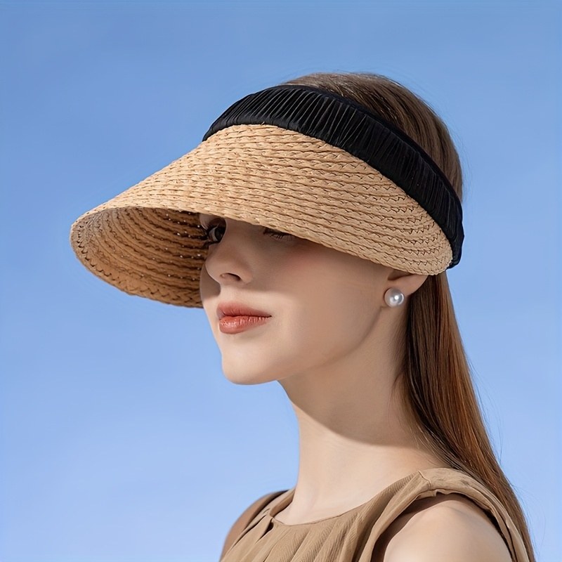 Color Block Straw Visor Hat Casual Elegant Ponytail Sun Hat - Temu