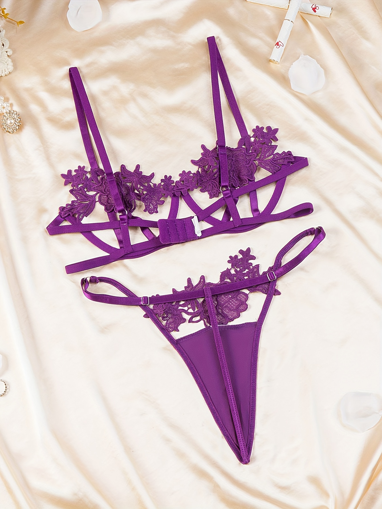 Sexy Purple Lace Hollow Out Bra And Panty Set Back With Embroidery