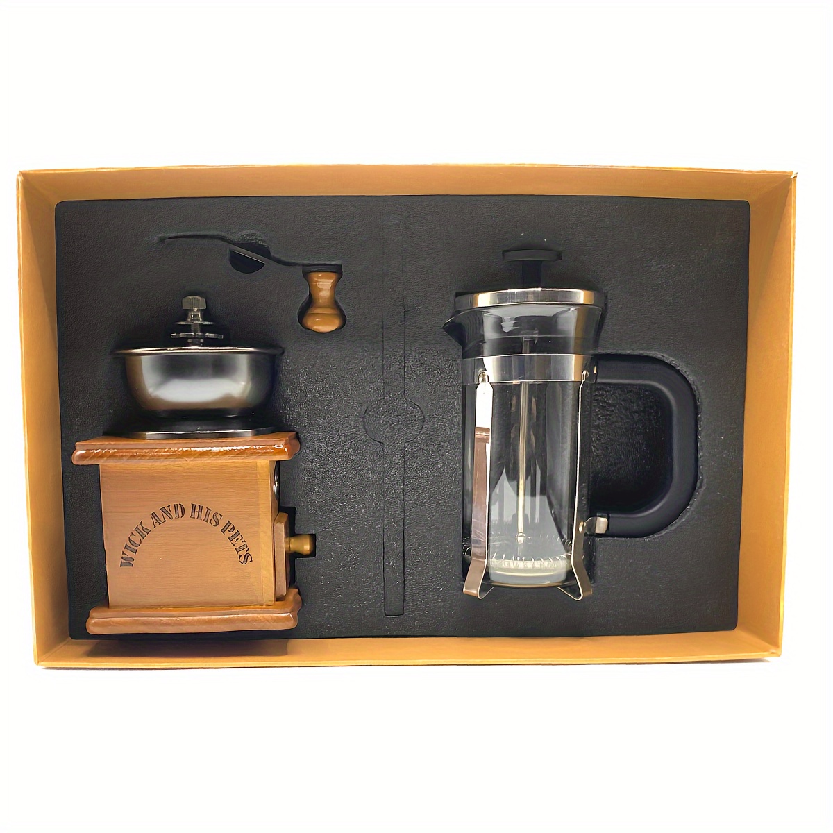 3pcs/set, 350ml French Press Coffee Maker, Manual Coffee Grinder With  Brush, Elegant Gift Box Included, Suitable For Both Personal And Gift Use,  Portable For Travel, Classic Wooden Style With Compact Design, Carefully