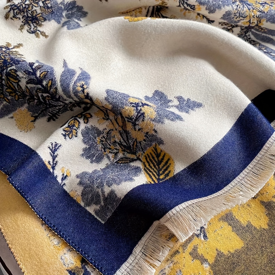 Women'S Elegant Floral Print Scarf Thick Warm Winter Shawl with Blue  Golden Accents, Windproof Stylish for Casual Hand Wash or Dry Clea