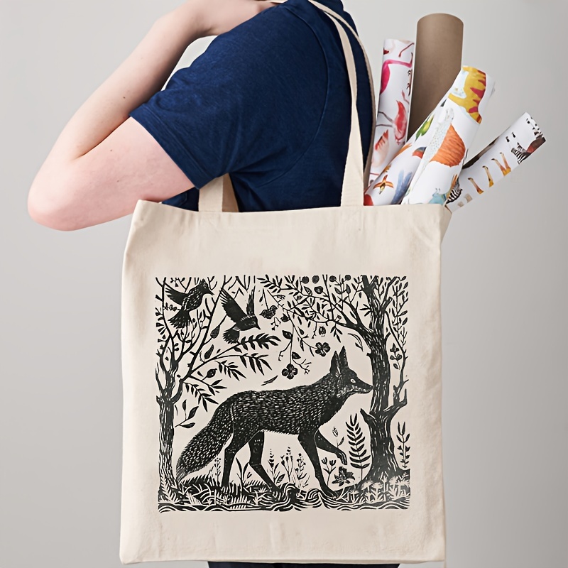 

1pc Folklore Forest Fox Lino Pattern Tote Bag, Canvas Simple Fashion Shoulder Bag, Trendy Travel Shopping Handbag