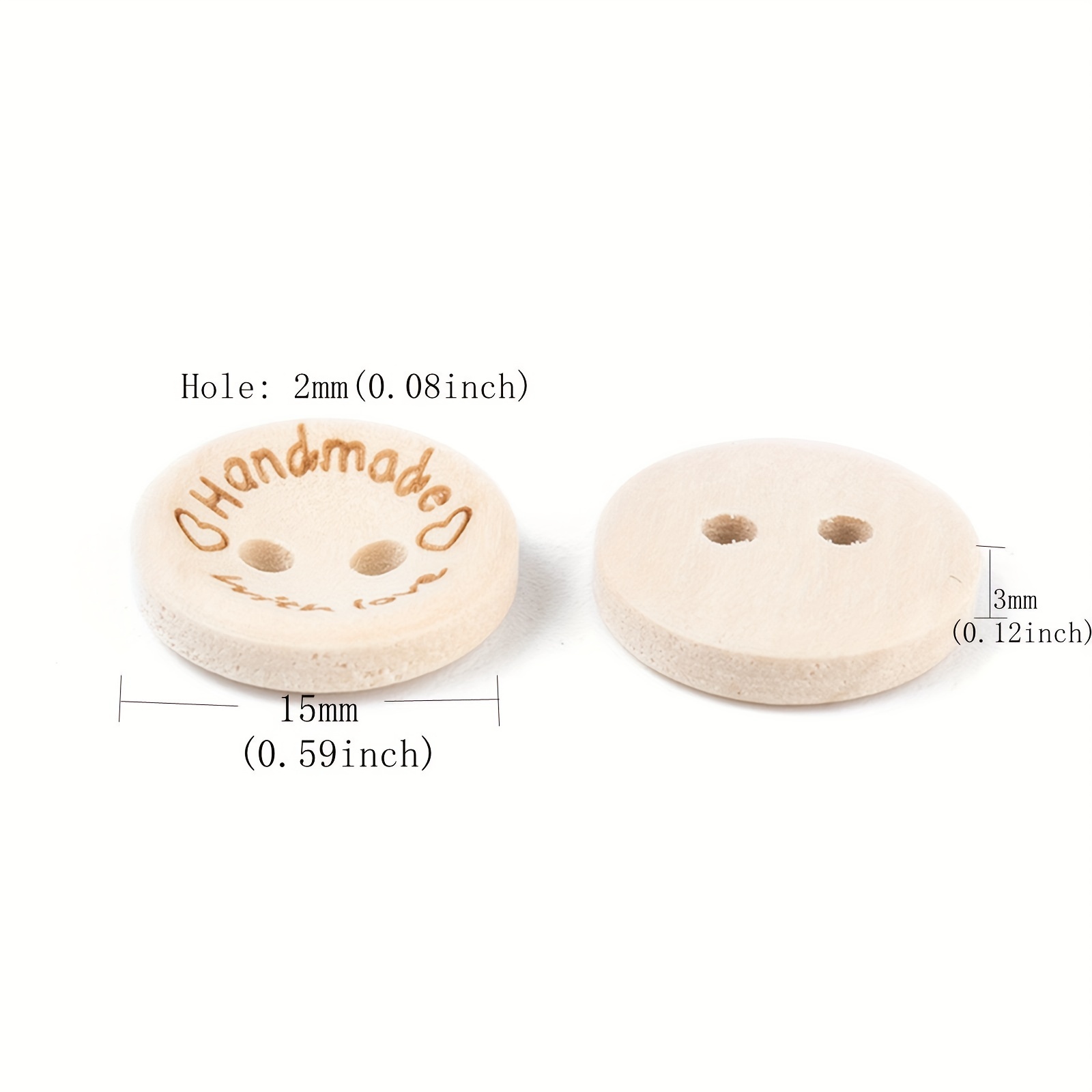 Wooden Buttons, 2-Hole, with Word, Flat Round with Word Handmade with Love, Blanched Almond, 15x3mm, Hole: 2mm Wood Flat Round