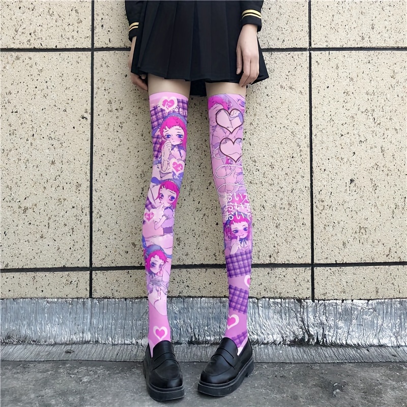 Kawaii Anime Thigh High Socks, Cute Cartoon Print * Over The Knee Stocks,  Women's Stockings & Hosiery