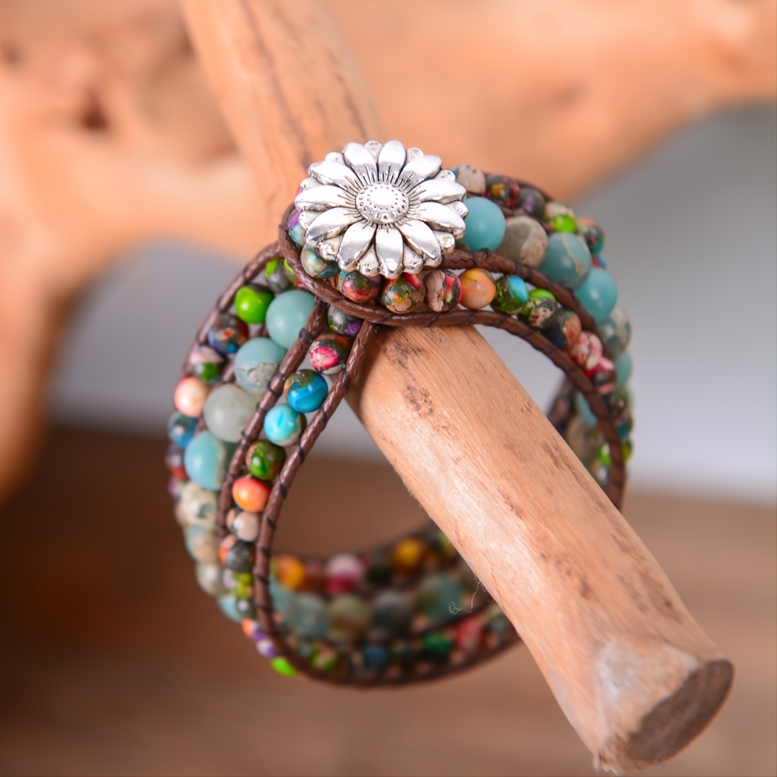 Colorful Beaded Bracelet Wrap Flower Charm Men