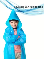 1pc kids eva blue waterproof reusable hooded raincoat for outdoor boys and girls suitable for 6 10 years old details 4