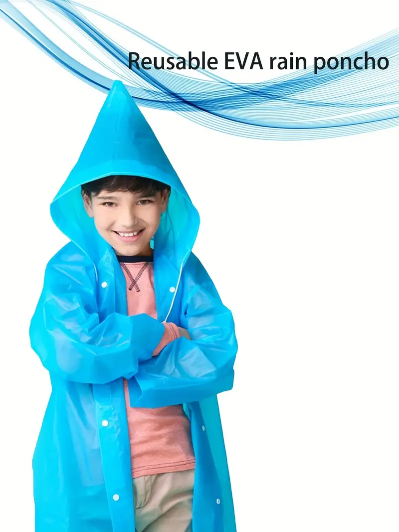 1pc kids eva blue waterproof reusable hooded raincoat for outdoor boys and girls suitable for 6 10 years old details 4