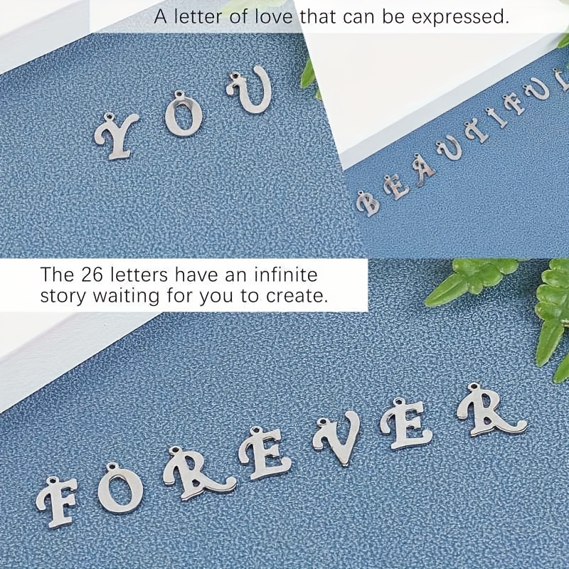 208pcs/box 304 Stainless Steel Alphabet Charms Letter Pattern Pendant Metal A-Z Letter Pendants, 1mm Hole Charms for Necklaces Key Chain Jewelry