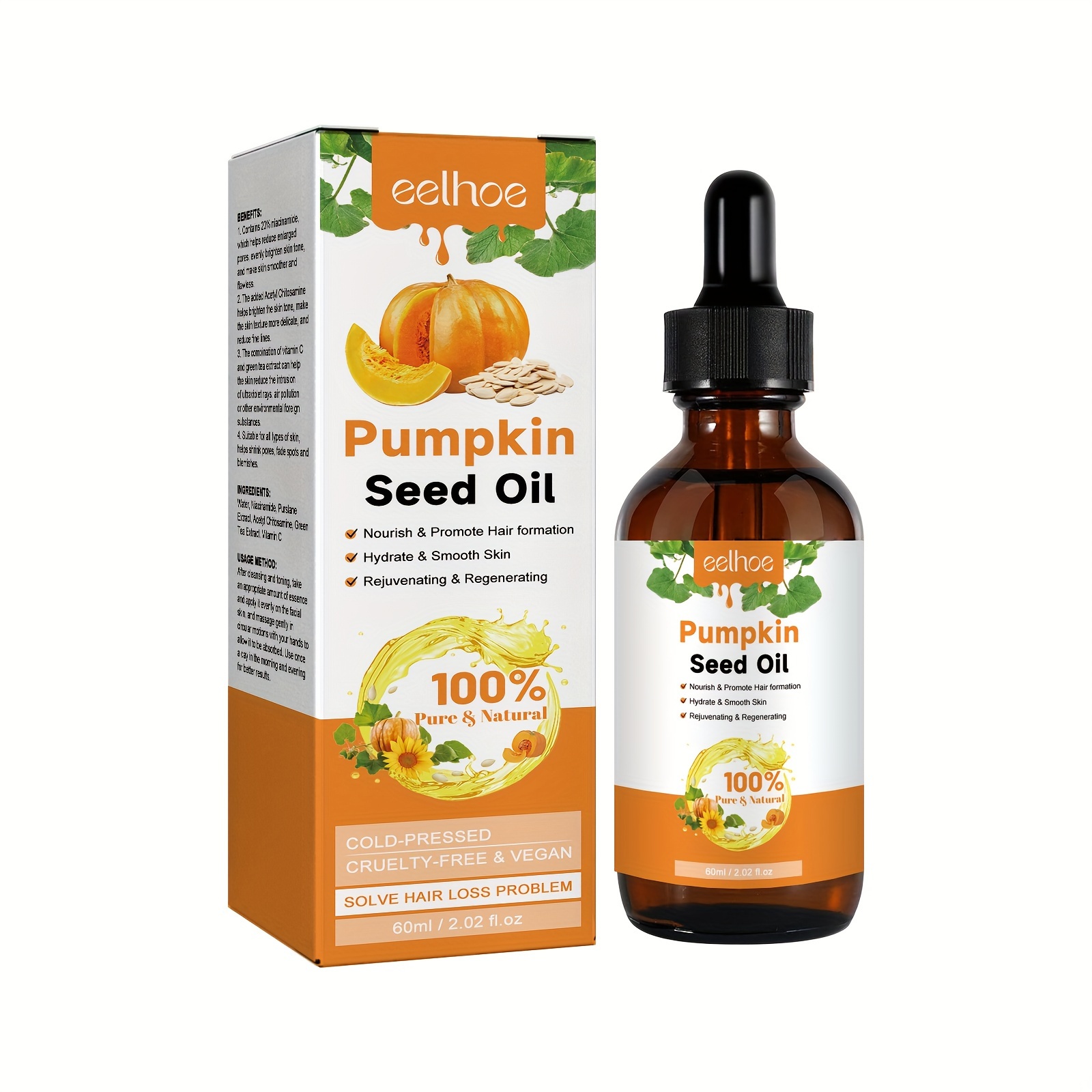 Pumpkin Seed Oil 60ml, Pumpkin Seed Hair Oil for Dry Damaged Hair, Pure  Cold Pressed Oil Moisturizing Scalp, Face, Nails, Body, Skin