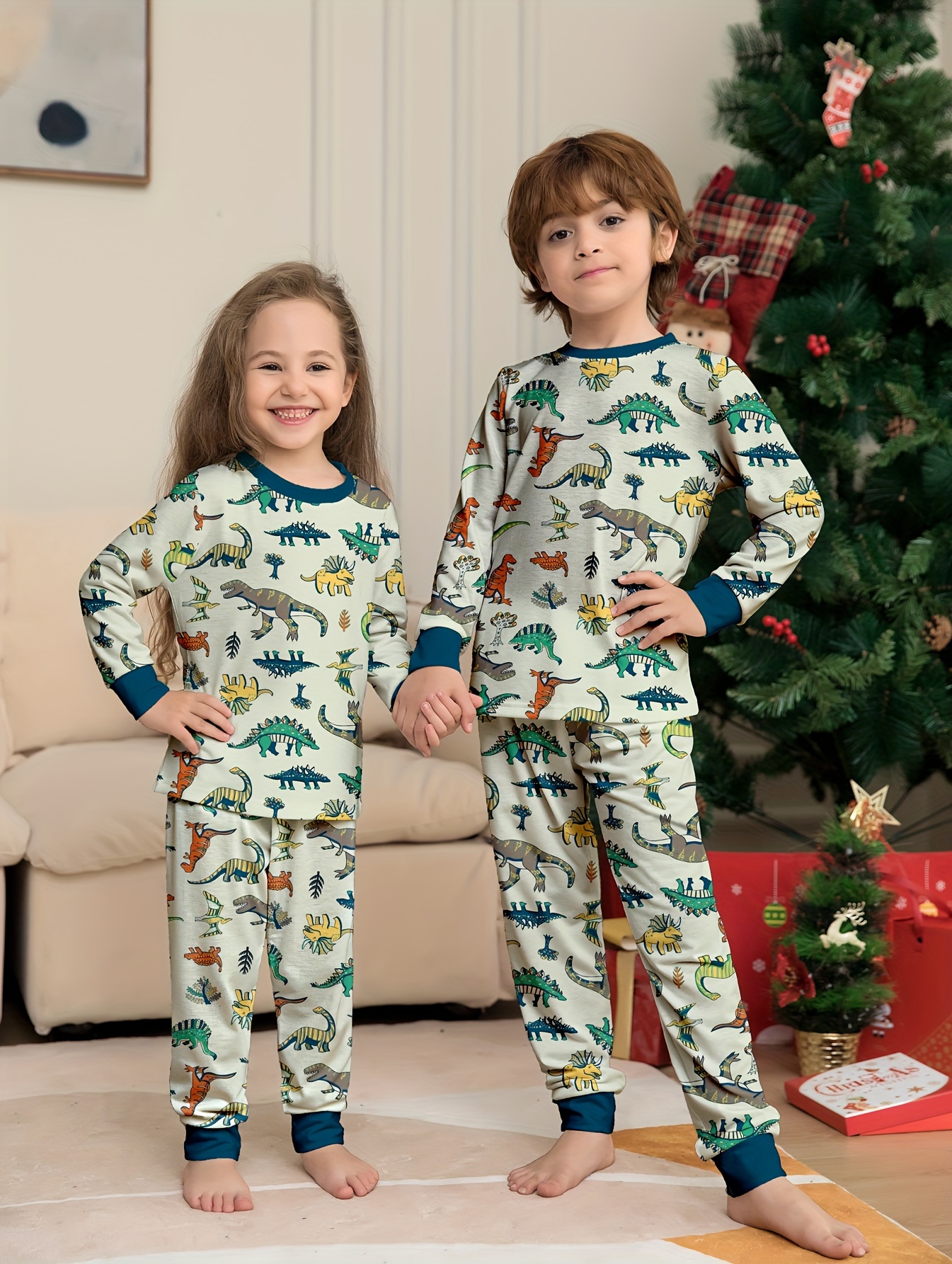 Kids Christmas Pajamas Dinosaur Pattern Two piece Homewear - Temu Australia