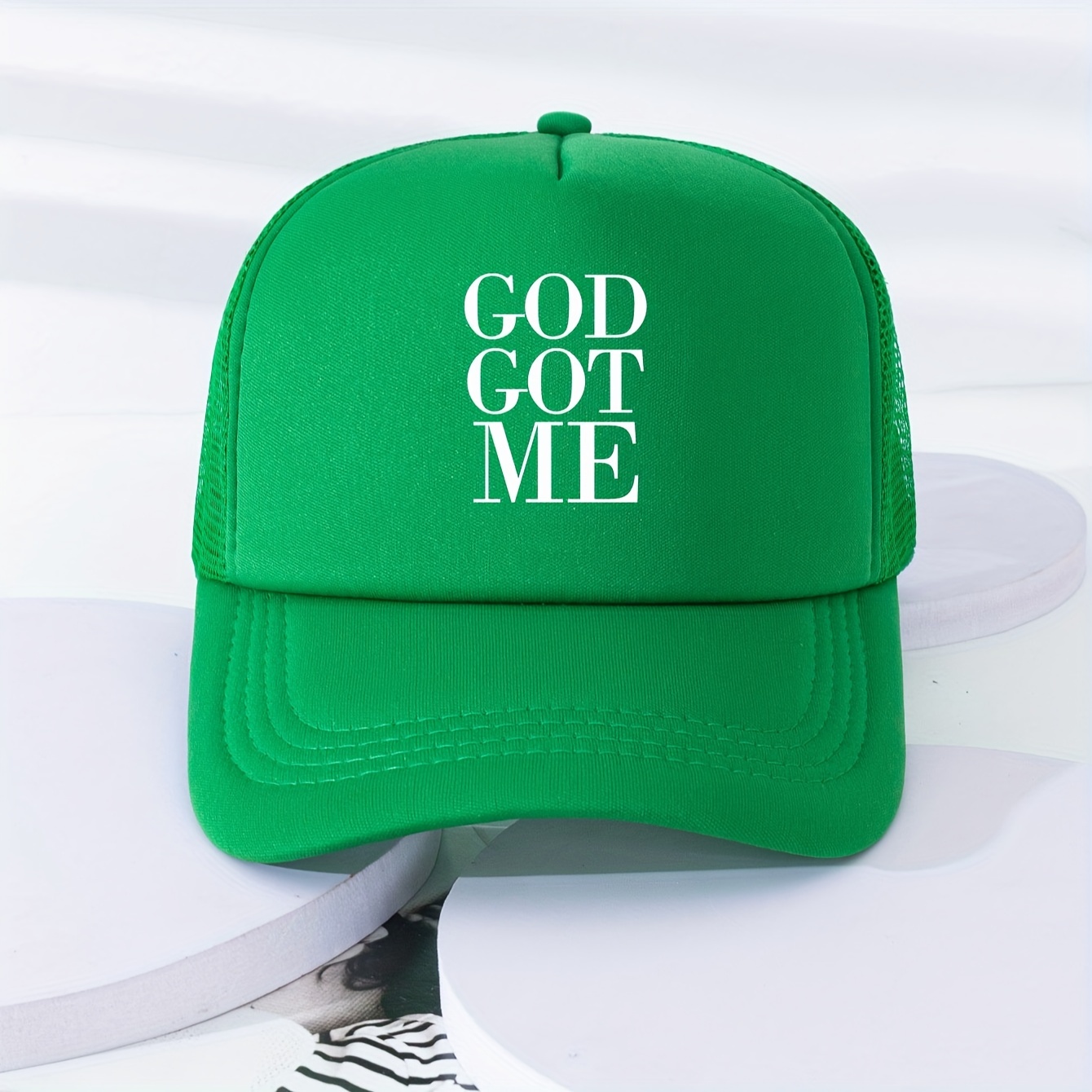 God Got Me Baseball Trendy Printed Solid Color Mesh Trucker Hat Breathable Adjustable Dad Hats for Women & Men,Temu