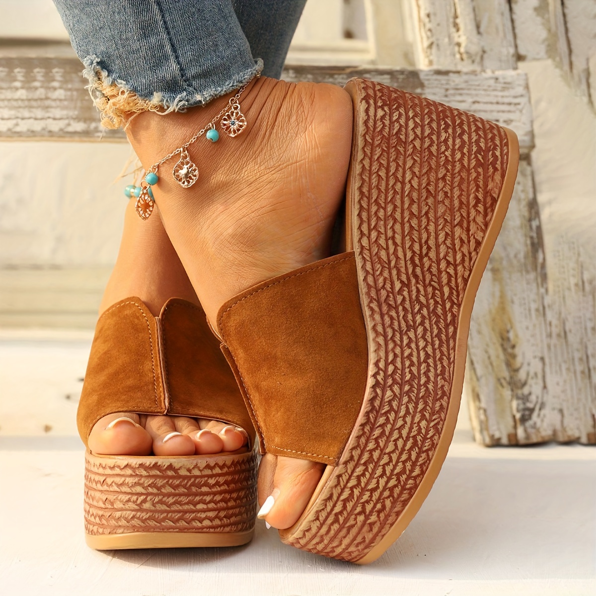 

Women's Solid Color Wedge Heeled Sandals, Casual Open Toe Platform Sandals, Comfortable Slip On Sandals
