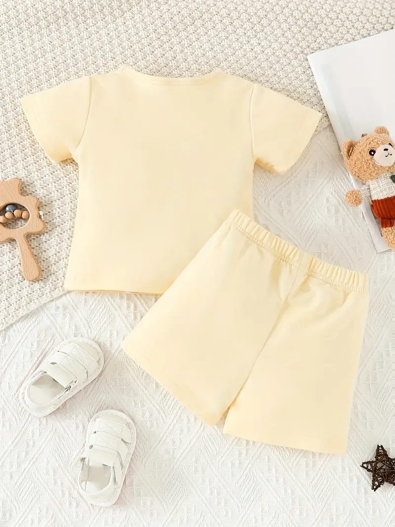 babys casual cute bear print outfit lucky and fun letter print short sleeve tee top shorts set for summer details 0
