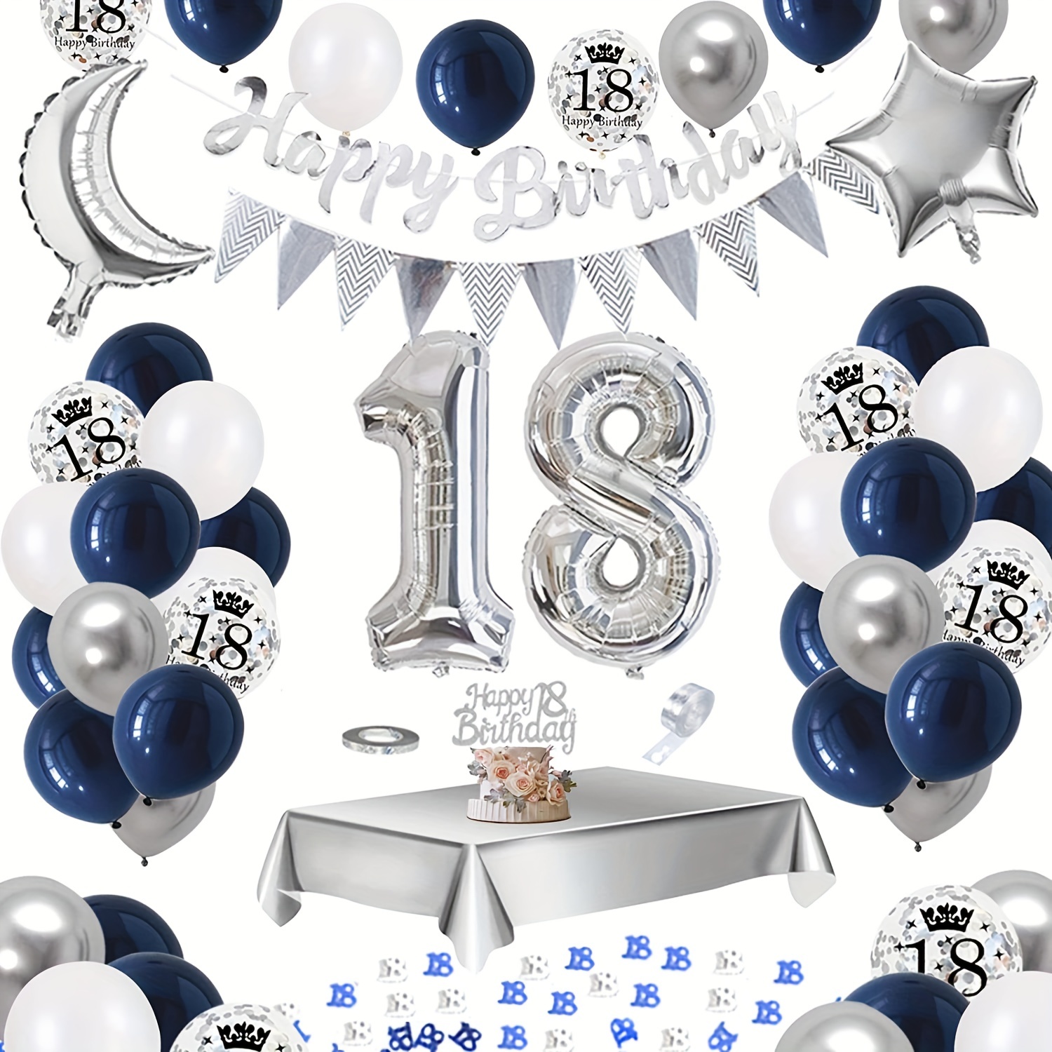 Decoraciones de cumpleaños número 18 para niños, globos negros y plateados,  kit de arco de guirnalda con número de papel de aluminio, globo de