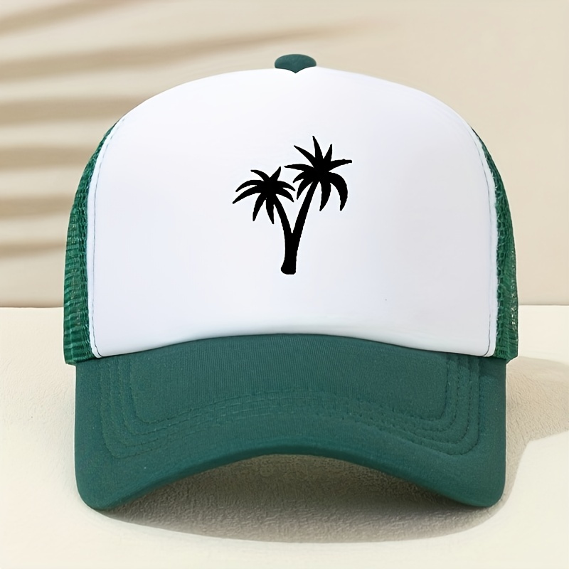 Coconut Tree Print Trucker Hat Mesh Block Baseball Cap Lightweight