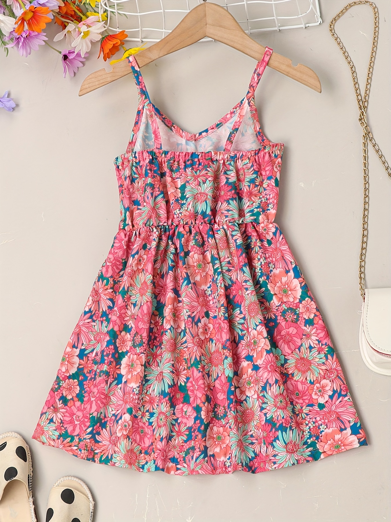 little girls cute sundress floral pattern party beach dress v neck elastic waist camisole dress for summer details 16