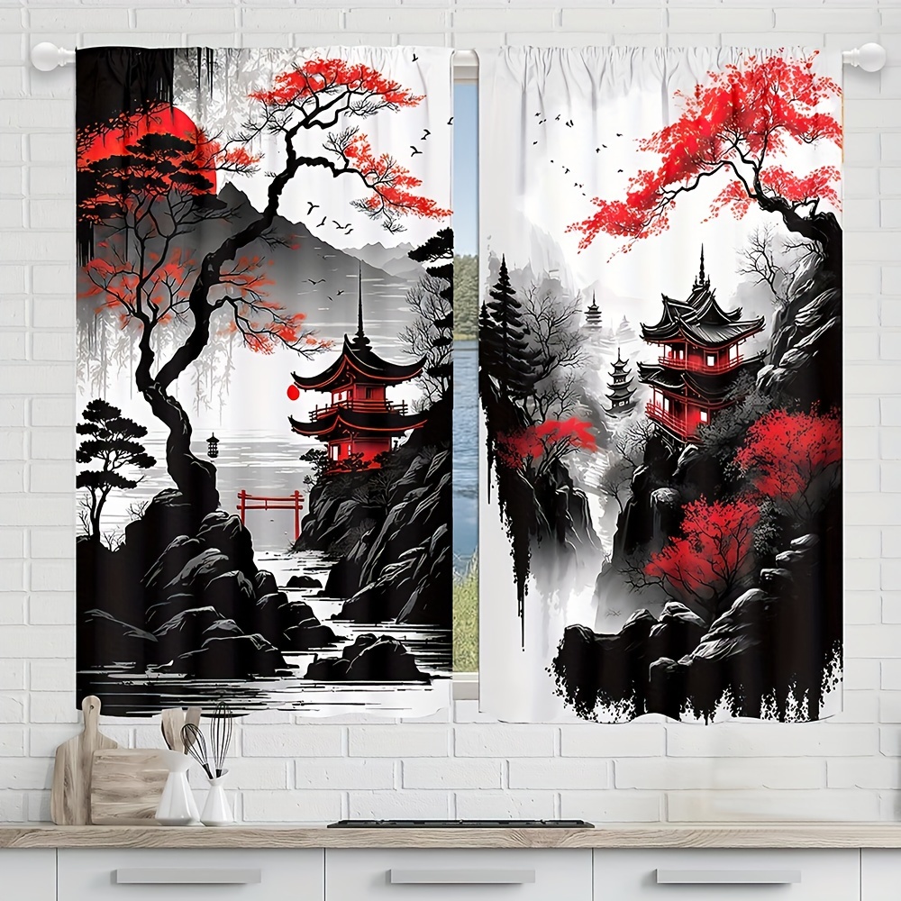 Image of 2pcs, Japanese Series Landscape Ink Painting, Pocket Rod Installation, Curtains, Polyester Material, Suitable For Living Room, Kitchen, Bedroom, Study, Home Decor