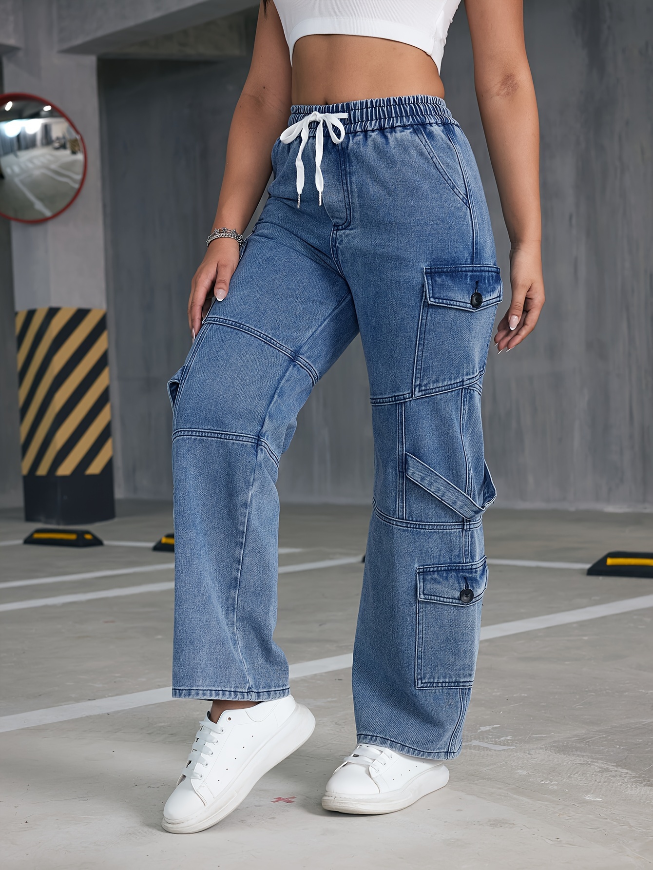 Womens Cargo Pants Multi-Pocket Drawstring Elastic Waist Long Trousers Plus  Size