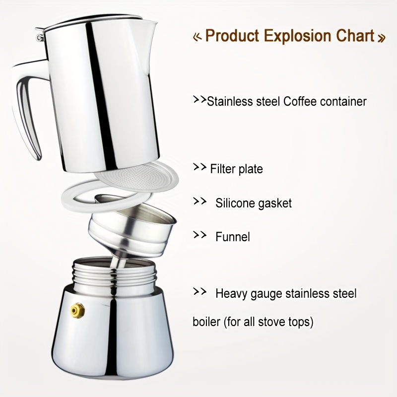 Cafetera de café expreso, 2 tazas de acero inoxidable, cafetera italiana,  cafetera moca, cafetera para cocina de inducción, estufa de gas