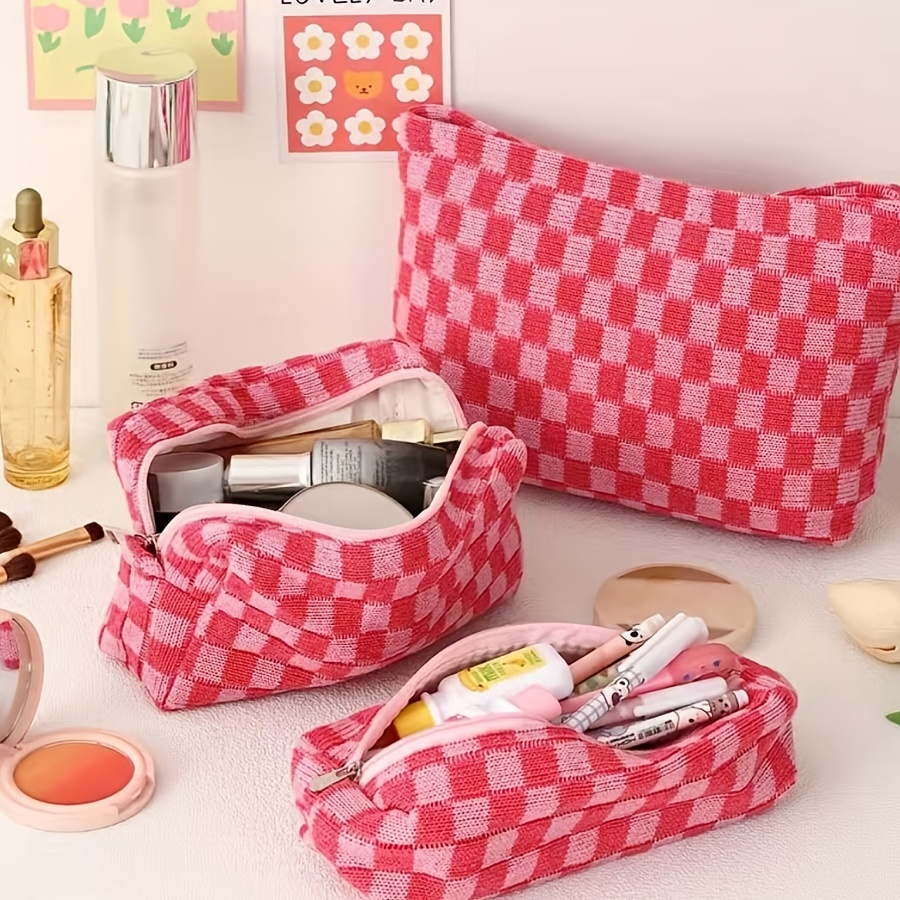 1pc Pink Square Checkerboard Large Capacity Waterproof Cosmetic