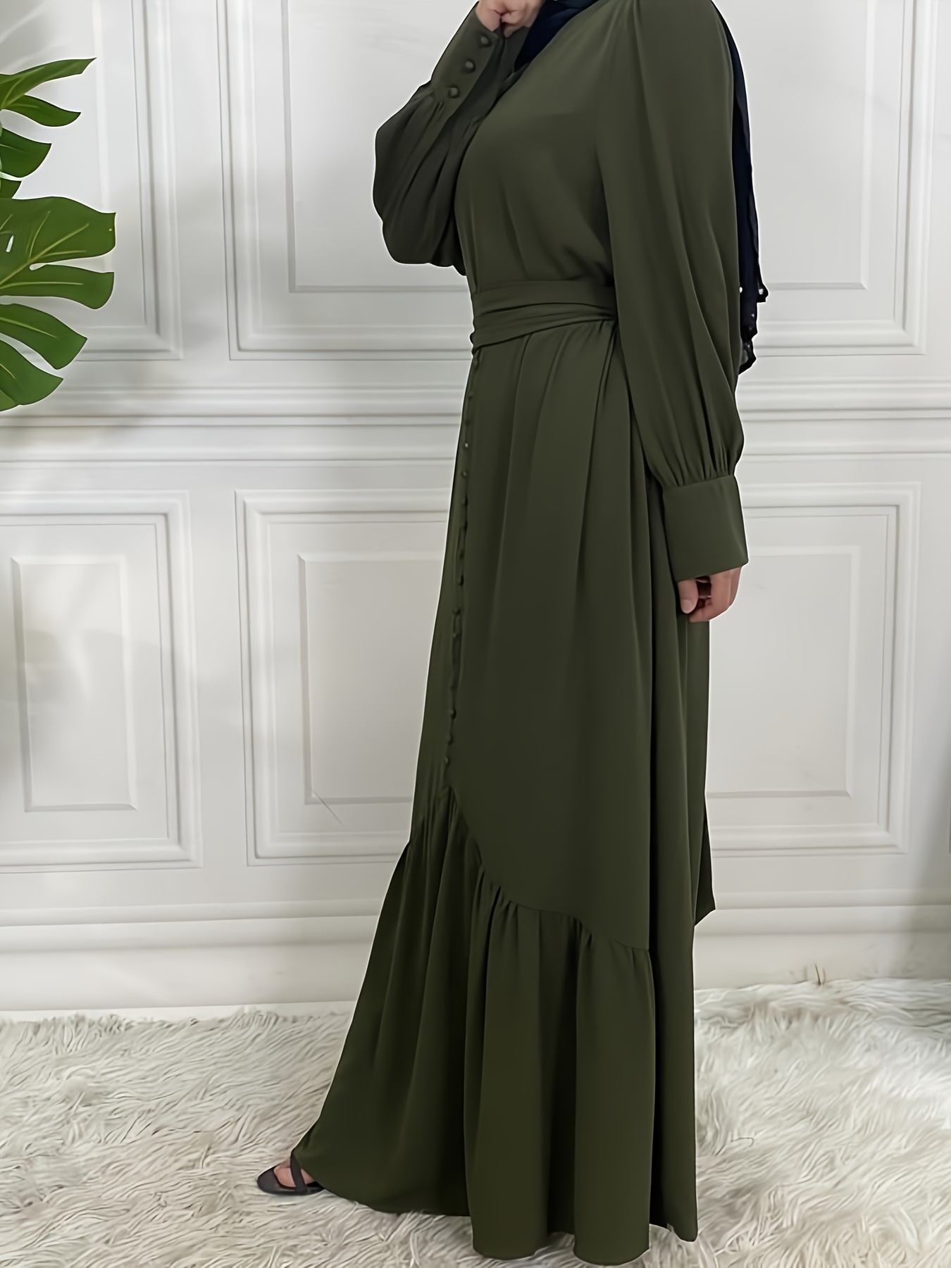 Solid Ruched Maxi Kaftan Abaya Casual Long Sleeve Button Fro