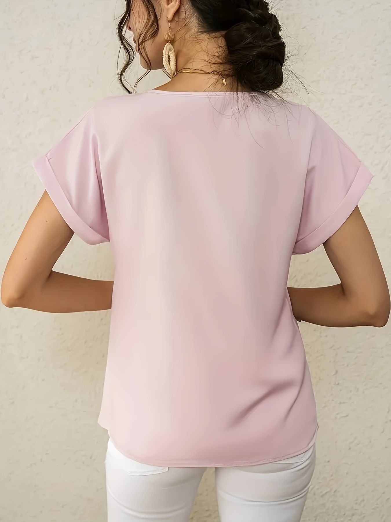 Simple Rolled Short Sleeve Blouse Casual Crew Neck Solid - Temu