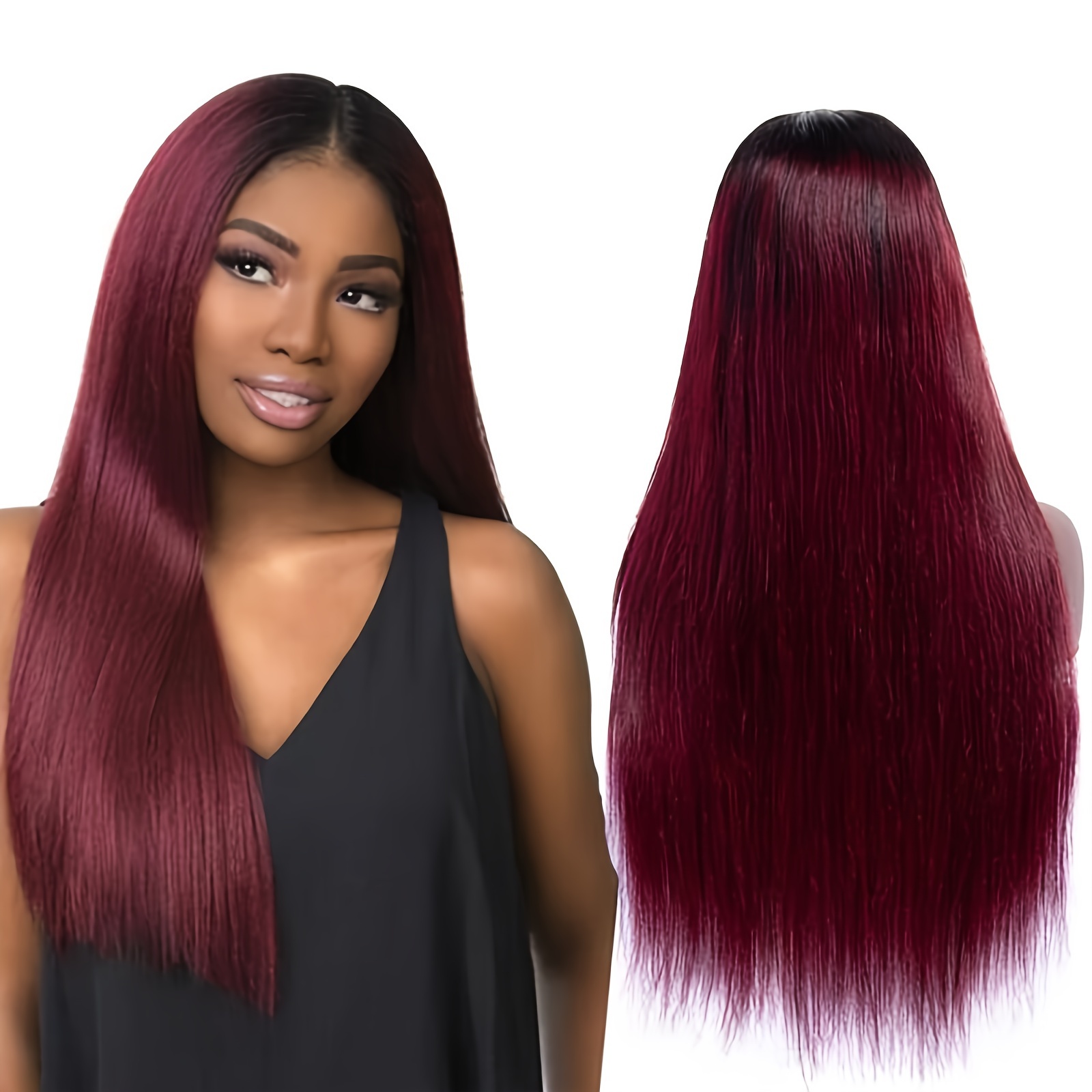 #1B/99J: Ahairbeauty Red Ombre Short Bob Straight Synthetic None Lace Hair  Wigs Dark Roots Left Part For Women Black & Burgundy(#1B/99J)