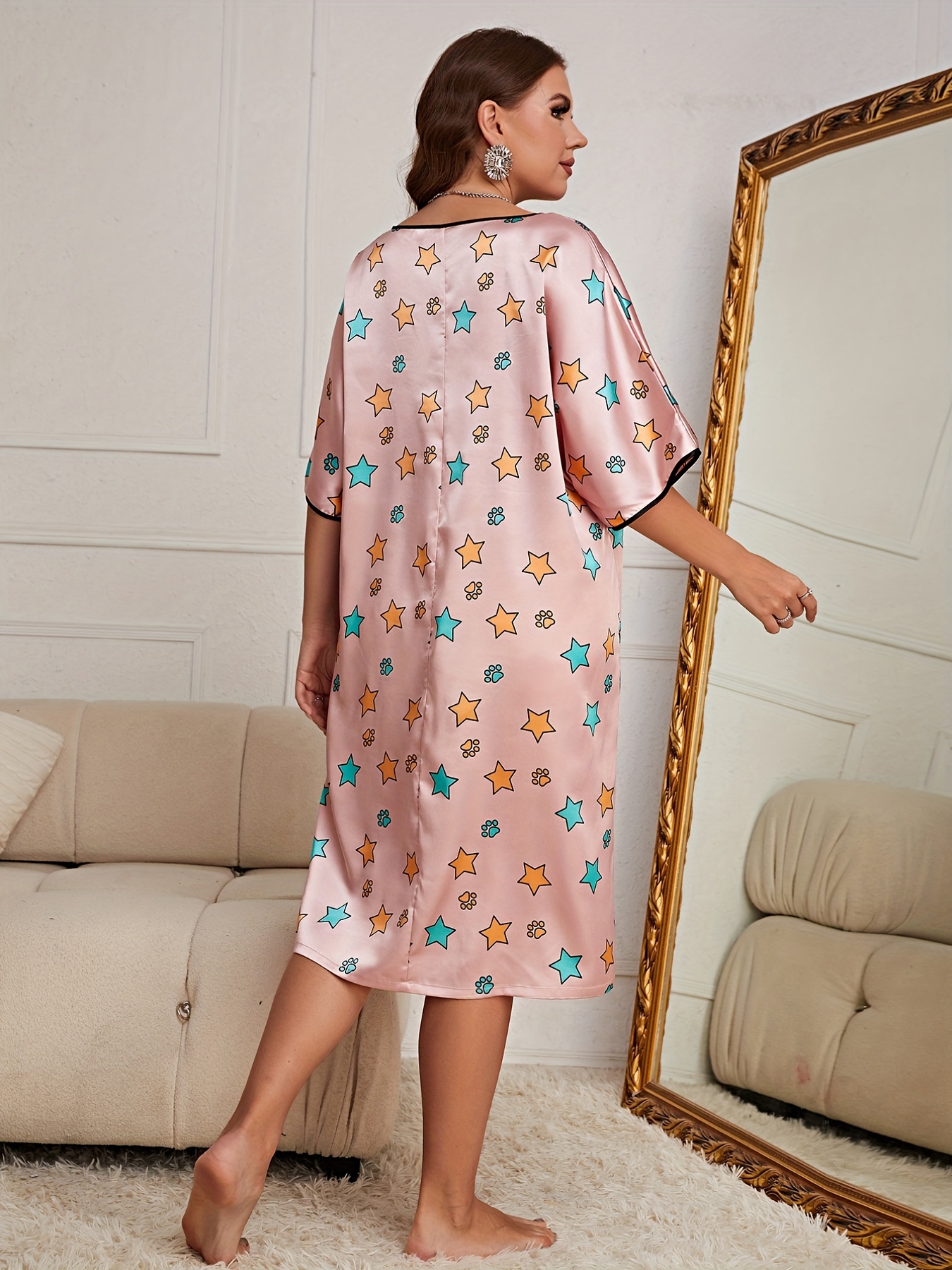 Plus Size Cute Nightgown, Women's Plus Star Print Half Sleeve Round Neck  Satin Sleep Dress