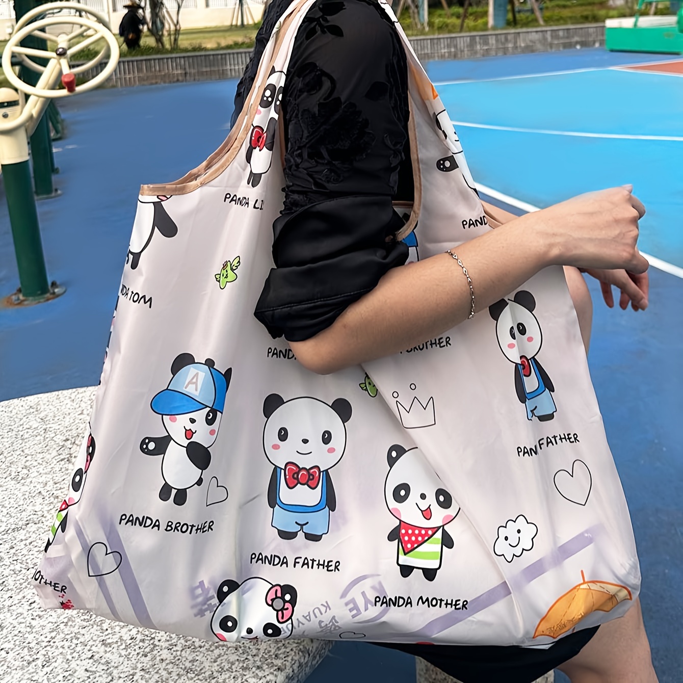 

Panda Print Large Capacity Portable Shopping Bag, Lightweight Cartoon Pattern Waterproof Large Tote Bag